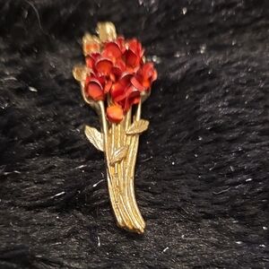 Elegant Gold and Red Floral Brooch